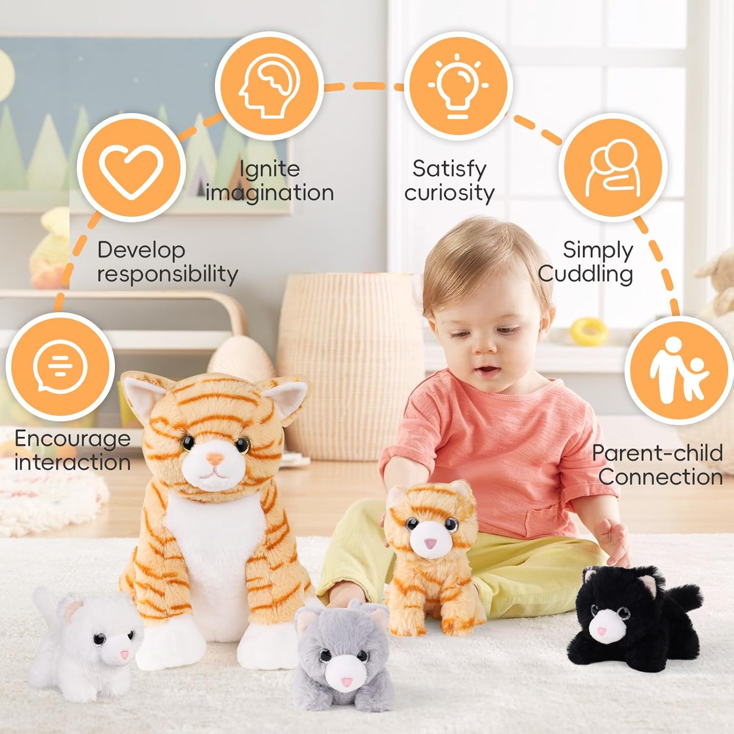 5 PCS Cat Stuffed Animal with Babies Inside Belly, 1 Mommy Stuffed Orange Tabby Cat Toy with 4 Plush Kittens, Stuffed Kitty Plushies for Kids Boys Girls Christmas Birthday Gift