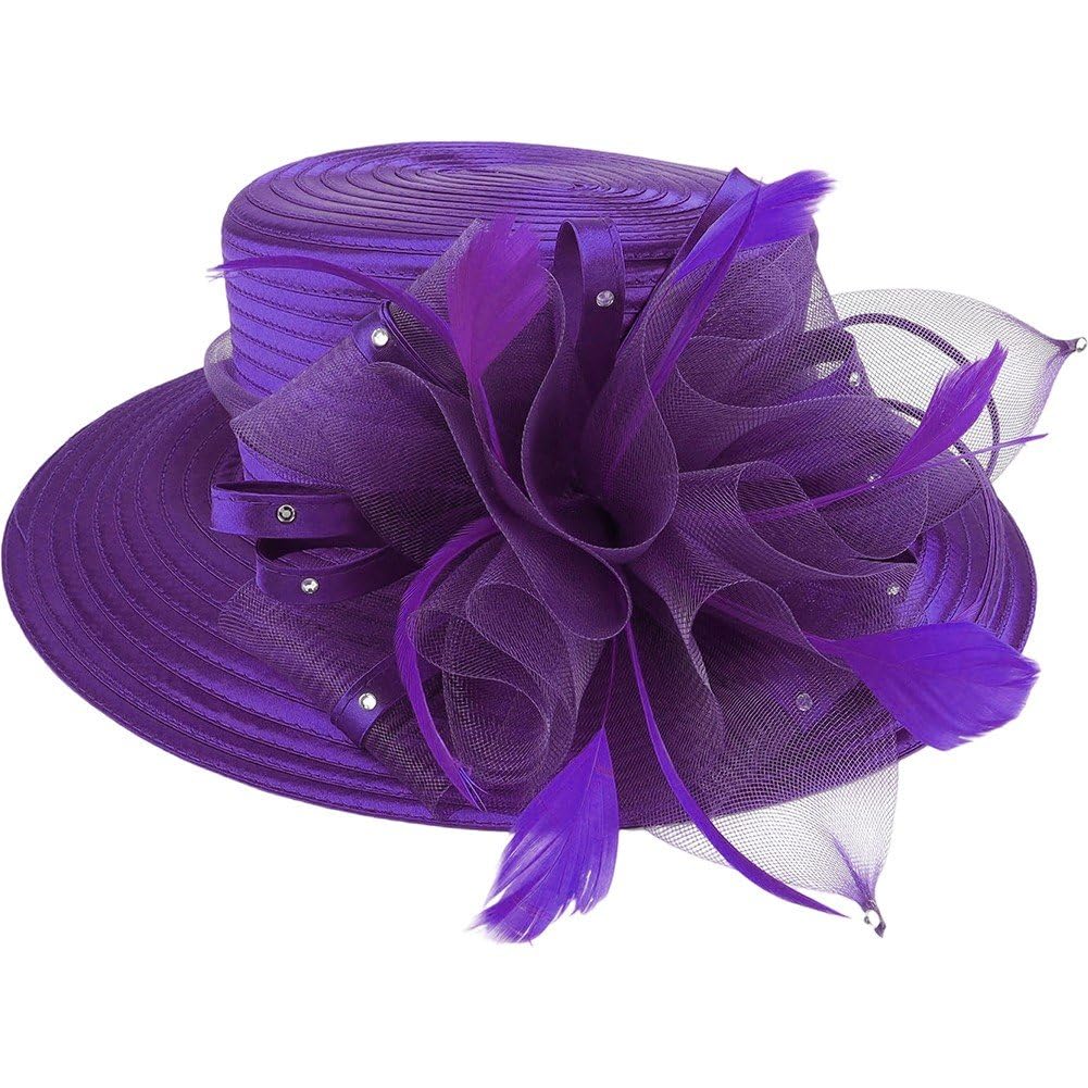 Fituenly Women's Purple Organza Church Fascinator Wedding Tea Party Derby Hats For Flower Wide Brim Sun Hat