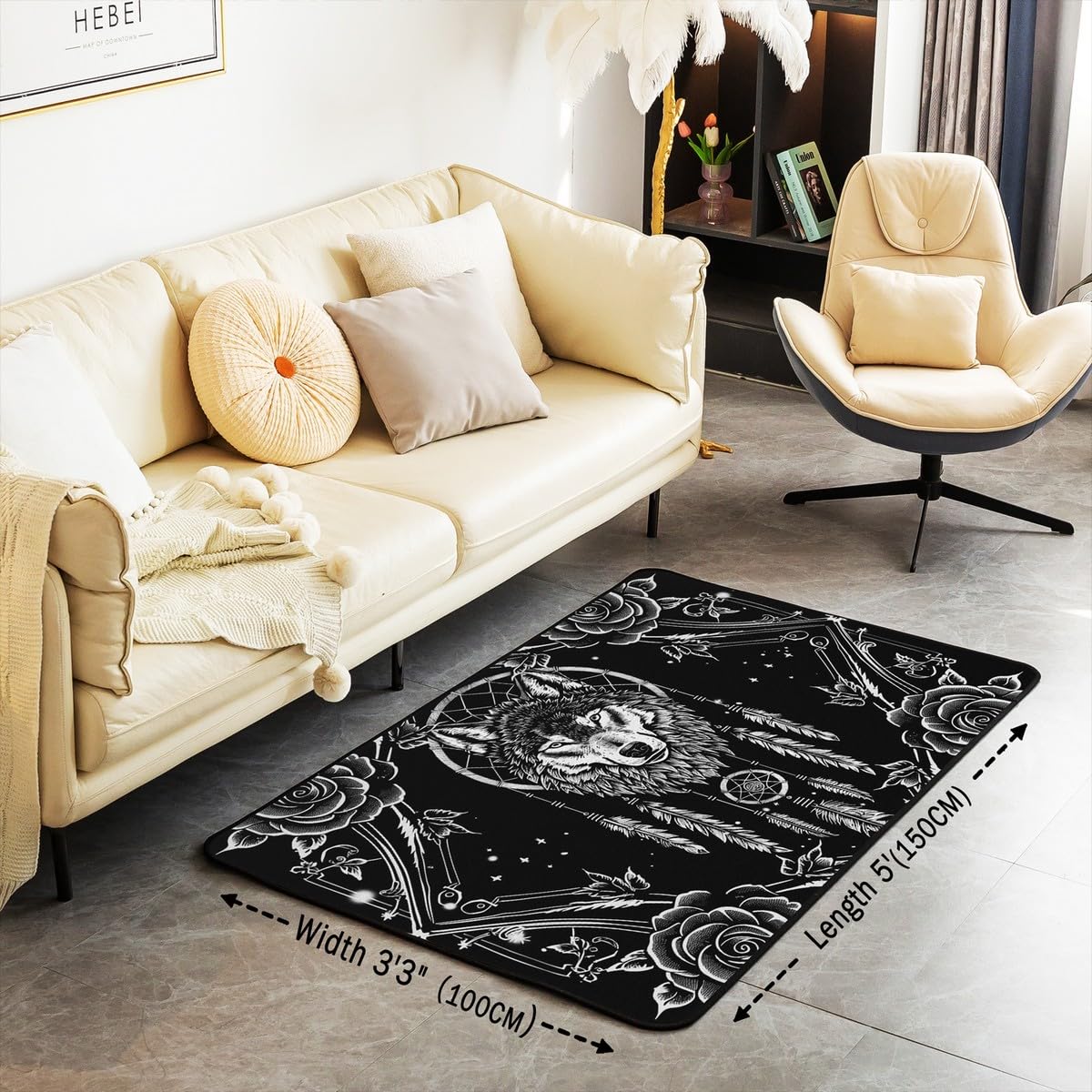 Bohemian Wolf Decorative Tapis D'Appoint 100x150,Dream Catcher Decorative Tapis Sol pour Garçon Fille Adult,Gris Noir Rose Motif Tapis Intérieur et Extérieur Western Gothique Tapis Salon Chambre Decor