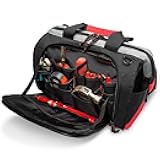 Waterproof Tool Bags for Men or Women, 16-inch Wide Mouth Tool Tote Bag with 25 Pockets for Tool Organizer & Storage, with Adjustable Shoulder Strap (16IN, Black/Red)