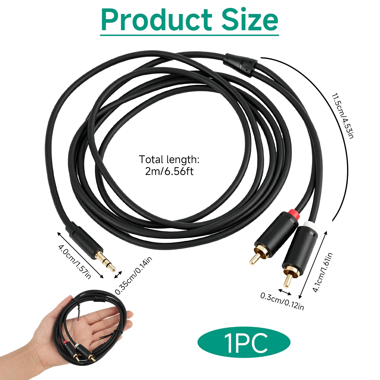 Cinch-Kabel Klinke auf Cinch 3,5 mm, Audiokabel 3,5 mm auf 2 Cinch-Stecker, 2 m, Stereo, AUX auf Cinch-Stecker, vergoldet, kompatibel mit TV, PC, Smartphone, Tablet, Verstärker, Soundbar, Heimkino