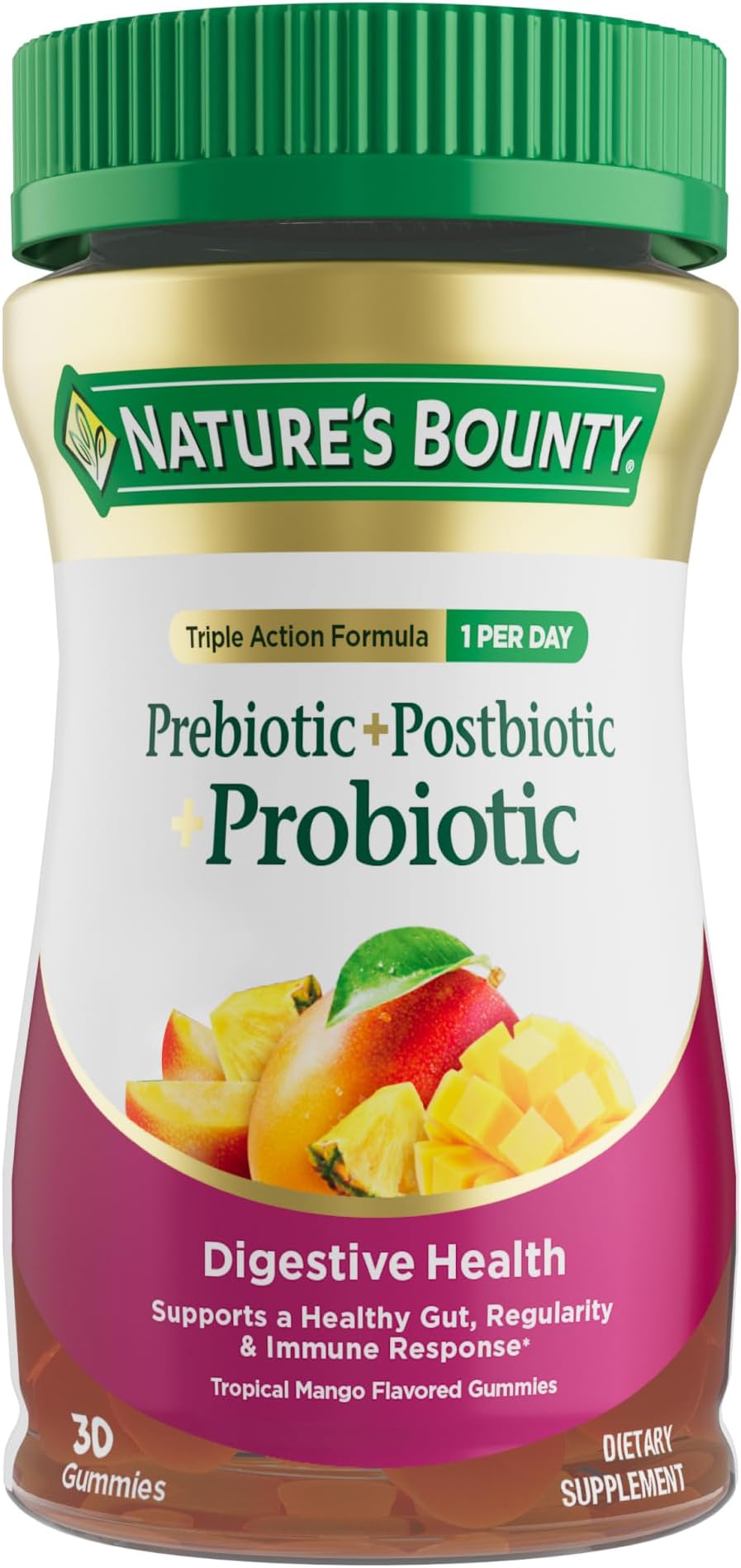 Nature’s Bounty Pre + Pro + Postbiotic Gummies for Digestive Health, Immune Support - Probiotic Gummies for Gut Health, Tropical Mango Flavor, 30 Ct