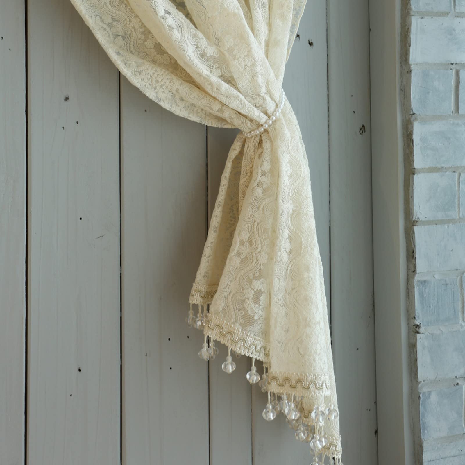 A.Monamour Rideau de Cuisine Court pour Petit Fenêtre - Dentelle Brodée Florale Beige Transparente Rétro Brise-bise à Disques Cantonnières Demi-Rideau Passe-Tringle pour Bistro Café