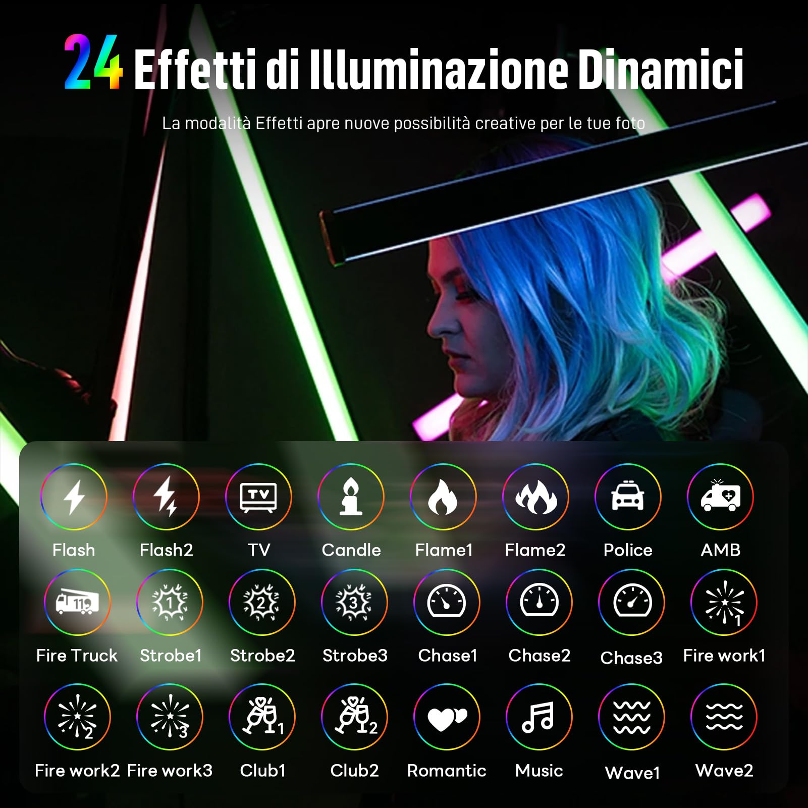 Luce Video RGB LED Tubo, Barra Luminosa LED Portatile per Fotografia Video YouTube TikTok Vlog con 2600mAh Ricaricabile, Luminosità Regolabile 2500K-9900K Dimmerabile 360° Colori 24 Scena