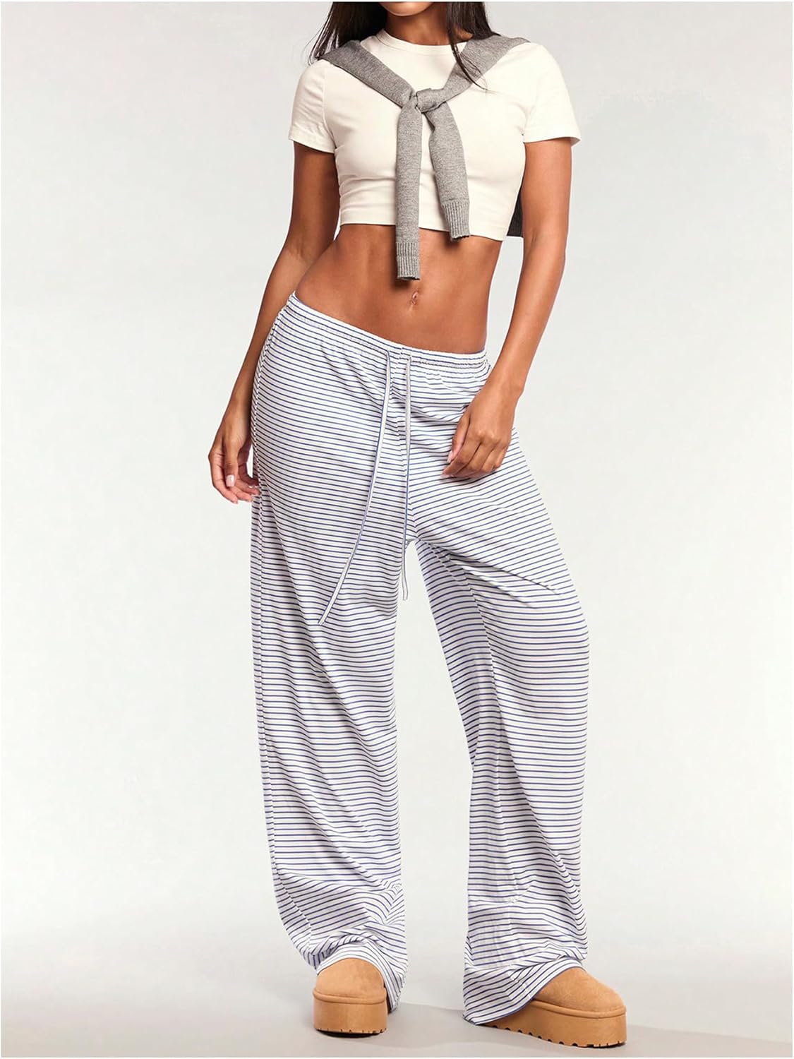 WDIRARA Women's Striped Drawstring Waist Baggy Pants Wide Leg Lounge Pants - Image 3