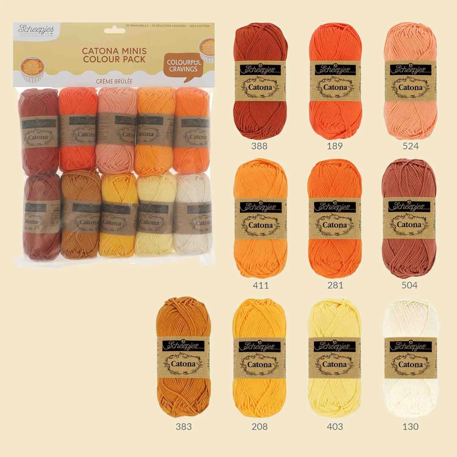 Scheepjes Yarn - Scheepjes Catona Color Pack – 10 x 25g Balls – 100% Mercerized Cotton – Assorted Colour (24958 - Crème Brûlée)