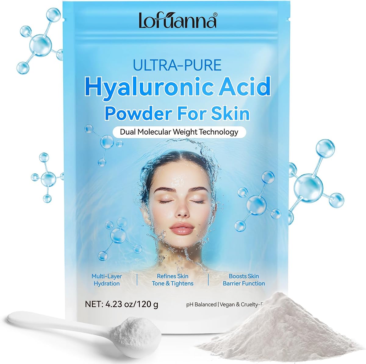 lofuanna Hyaluronic Acid Powder,Pure Hyaluronic Acid Powder for Skin,Water-Soluble DIY Facial Serum for Face Hydration & Moisture | Low Molecular Weight