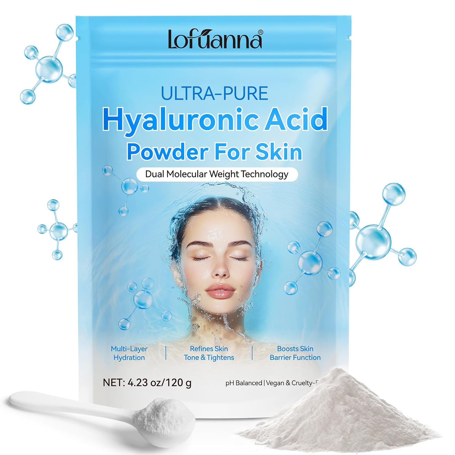 lofuanna Hyaluronic Acid Powder,Pure Hyaluronic Acid Powder for Skin,Water-Soluble DIY Facial Serum for Face Hydration & Moisture | Low Molecular Weight