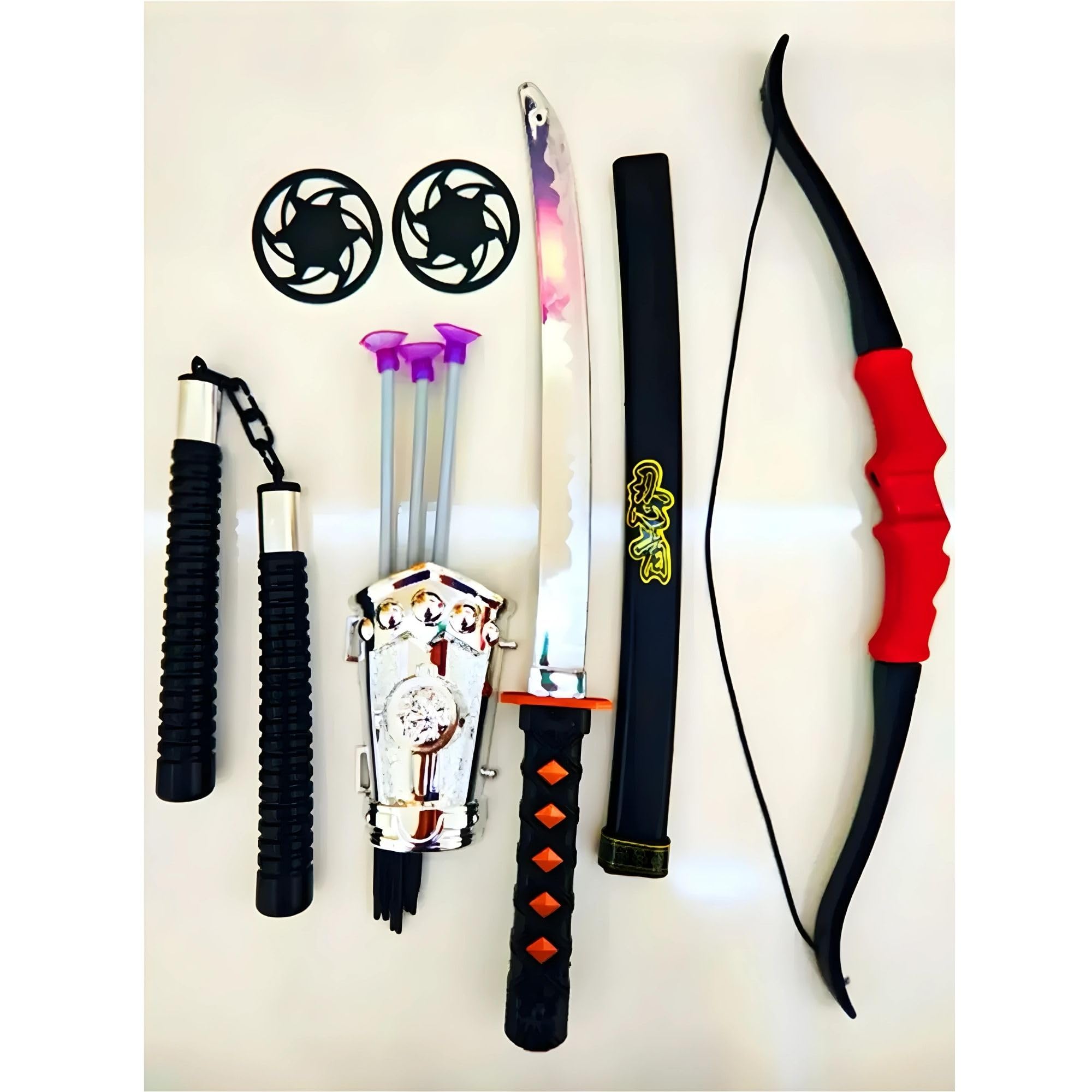セット KATANA FUDE＆NANAME FUDE＆HANEN FUDE Ninja Samuray Savaşçı Kılıç ve Yay Seti Oyuncak Katana Mınçıka