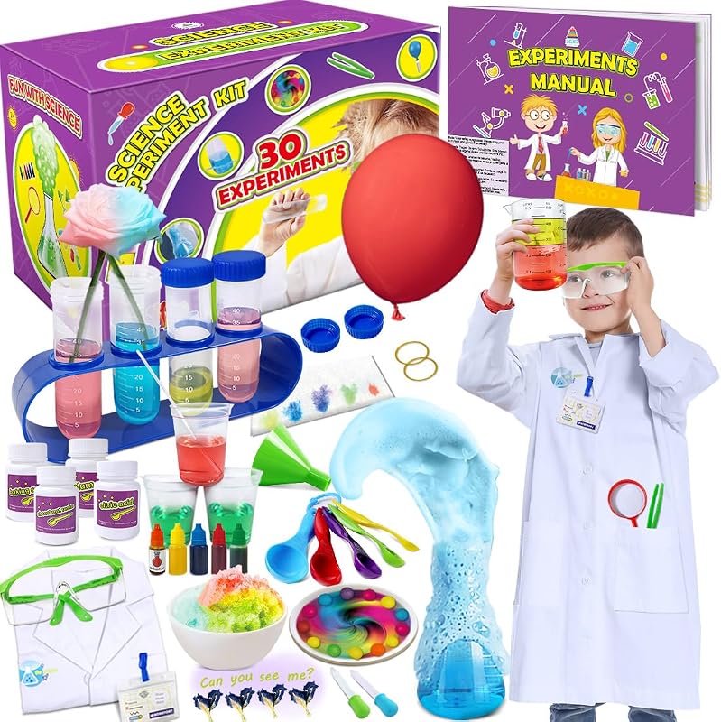 UNGLINGA Kit de ciencia de 30 experimentos para niños con bata de laboratorio, juego de química | S.T.E.M Toys Regalos de cumpleaños para niños niñas, disfraz de científico, herramientas de juego de rol, juego de aprendizaje educativo