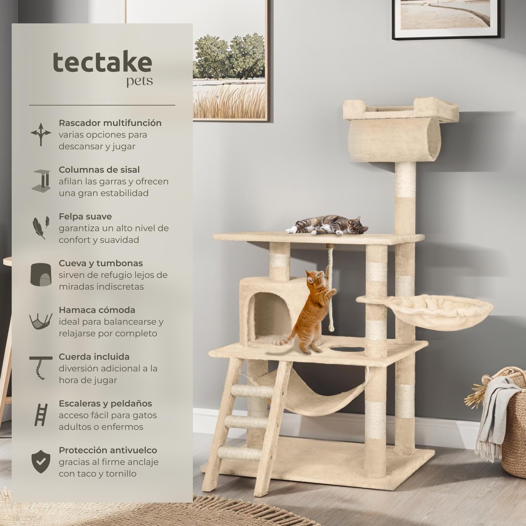 TecTake Rascador Árbol para gatos 86x49x141cm (beige | no. 402279)