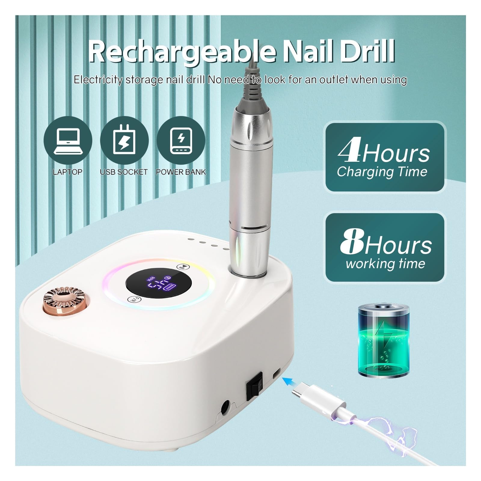 Nagelfräser, 45000 U/min Nagelschleifer-Set, Mühle for Maniküre mit LED-Anzeige, geräuscharmer elektrischer Maniküre-Bohrer(Green)