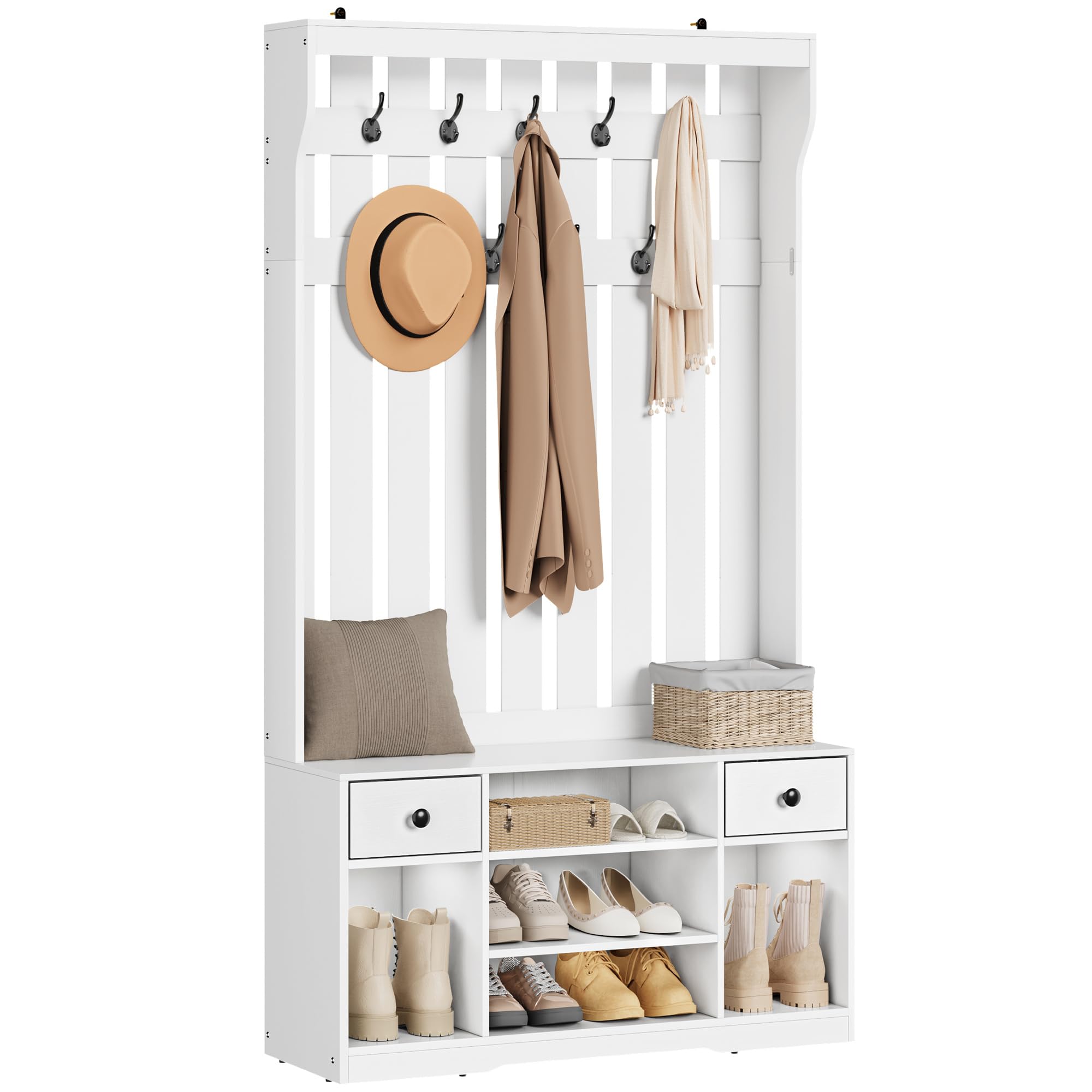 YITAHOME Perchero Entrada Recibidor con Banco, 35 x 100 x 180 cm Zapatero Entrada Recibidor, Perchero Zapatero, con 9 Ganchos y Almacenamiento, 2 Cajón de Tela, Pasillo Dormitorio Salón, Blanco