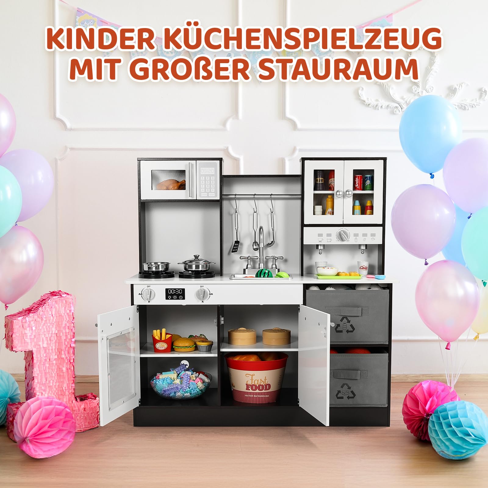 MAMIZO Kinderküche Holz, Spielküche mit Licht und Sound, Puppenküche Holz für Kinder, 90x30x90 cm kinderküchen, mit Küchenzubehör und 2PCS Aufbewahrungsboxen, Spielzeug für Kinder ab 3 Jahren, Braun