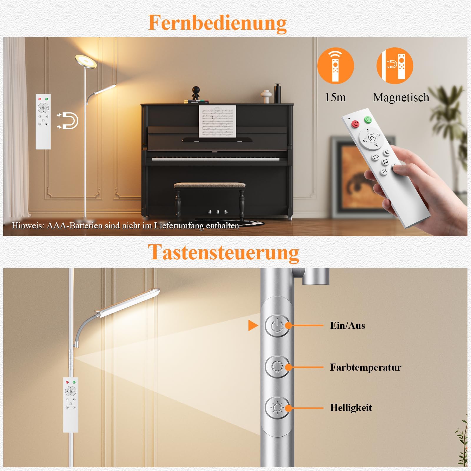 Lampa podłogowa LED z możliwością ściemniania, 42 W/4000 lm, lampa stojąca, salon z czytnikiem, lampa z 2700-6500 K. Bezstopniowa ściemnialność, pilot zdalnego sterowania i sterowanie dotykowe
