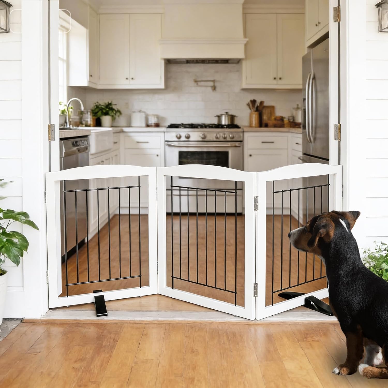 Dog Fence Indoor,Dog Gate Indoor for Doorway pet gate -3-Panel Freestanding, Hallways, House or Stairs -60x24-Inch Retractable Foldable Expandable Wood Pet by SFJC (White)