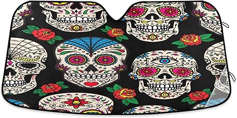 Mexican Sugar Skulls Car Sun Shade Windshield, Foldable Car Shade Front Windshield, Funny Sun Visor for Car Windshield, Universal Car Windshield Cover for Cars, Trucks, SUV