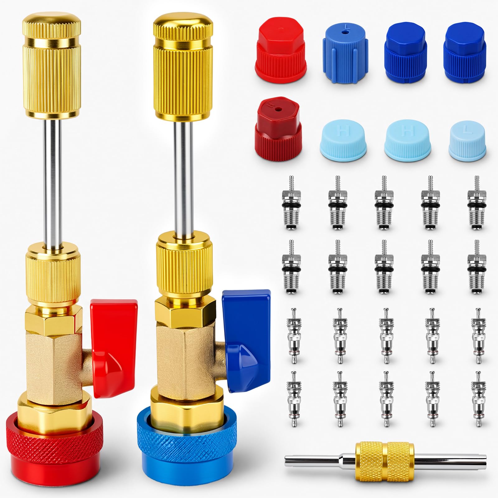 Photo 1 of 31Pcs R134A Valve Core Quick Remover Installer Tool Set, High Low Pressure AC Valve Core Remover Tools with R134A Valve Core AC Service Port Cap Valve Stem for Refrigerant Air Conditioner System