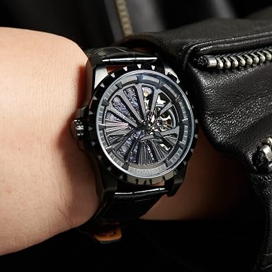 OBLVLO Luxury Automatic Watch, Black Leather Band, Skeleton Dial Design