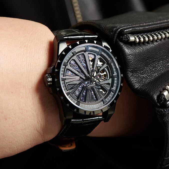 OBLVLO Luxury Automatic Watch, Black Leather Band, Skeleton Dial Design