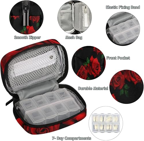 Miniatura 3 de Pastillero organizador de viaje para píldoras de rosas frescas para 7 días semanales, pastillero de medicina pequeña y compacta de tamaño pequeño,