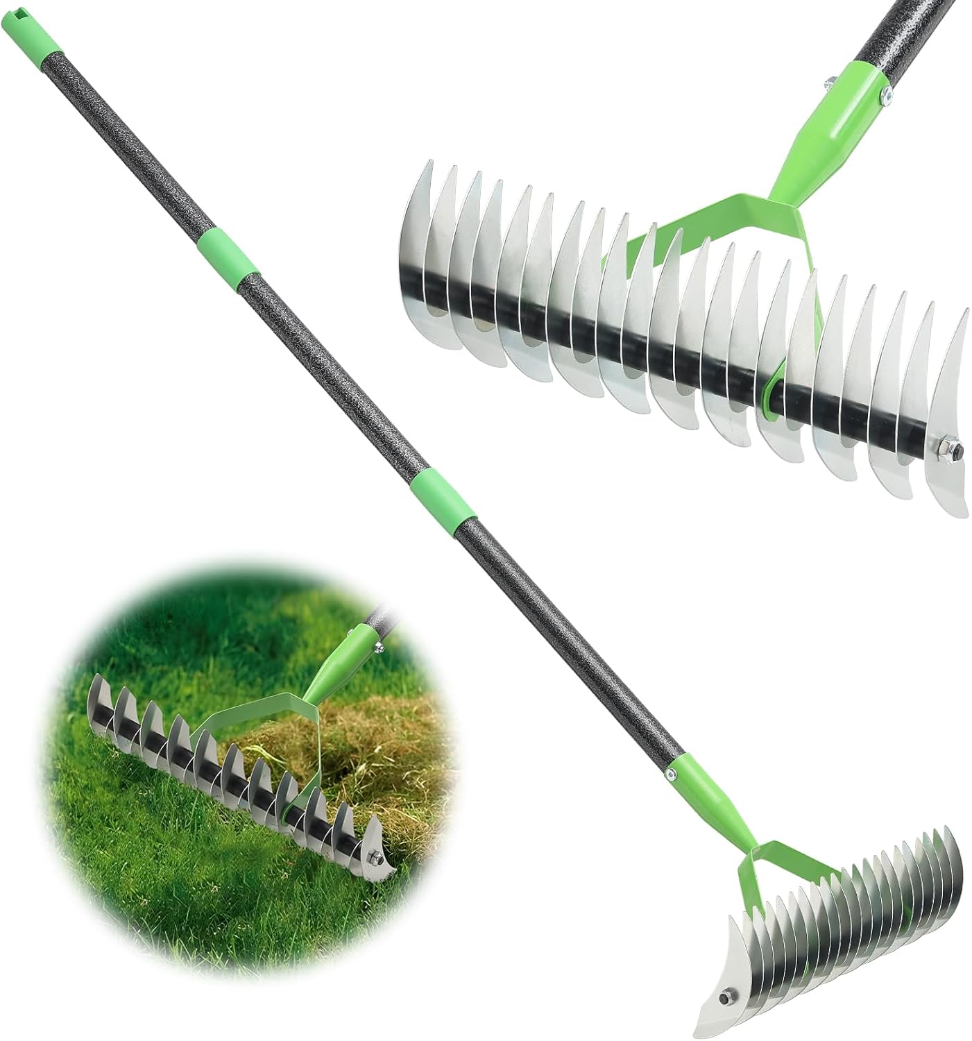 Thatch Rake,55 Inch Lawn Thatching Rake for Cleaning Dead Grass, 13 Inch Wide Heavy Duty 21 Teeth Steel Metal Rakes, Landscaping Raking Garden Tools for Lawn Care Loosening Leveling Soil Mulch