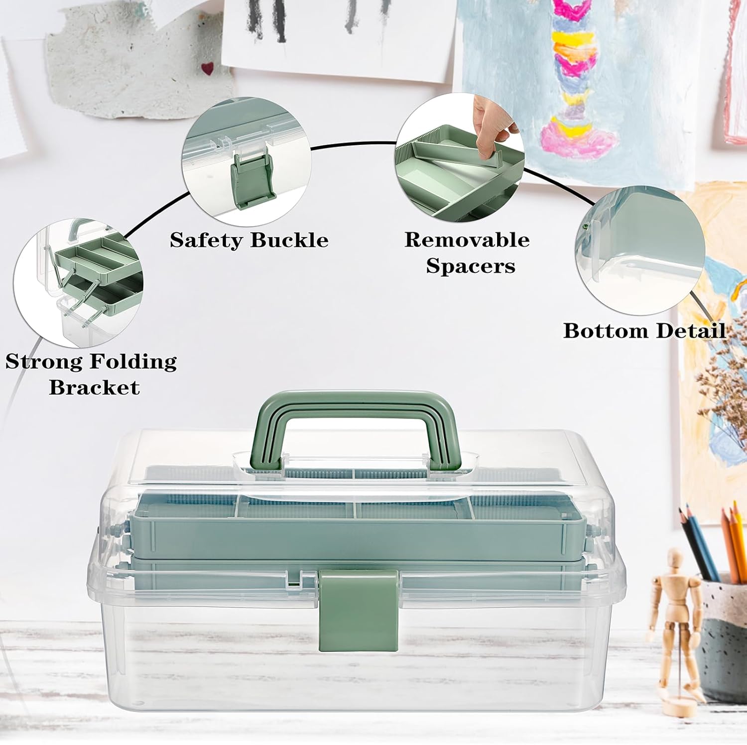 BTSKY 3-Layer Clear Plastic Dividing Storage Box Craft Organizer and Storage with Adjustable Spacers Portable Handled Art Supply Organizer Multipurpose Home Utility Box Sewing Organizers (Haze Green) - Image 8