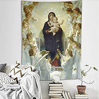 Vista 2 de HVEST Tapiz cristiano de la Virgen María y Jesucristo en el Paraíso para colgar en la pared, de Ángeles en el Cielo, para dormitorio, sala de estar