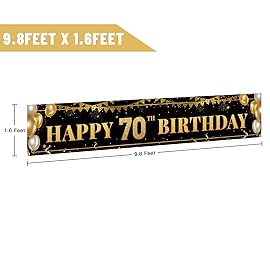 Large Happy 70th Birthday Decoration Banner, Black and Gold Happy 70th Birthday Banner Sign, 70th Birthday Party Decorations Supplies(9.8x1.6ft)