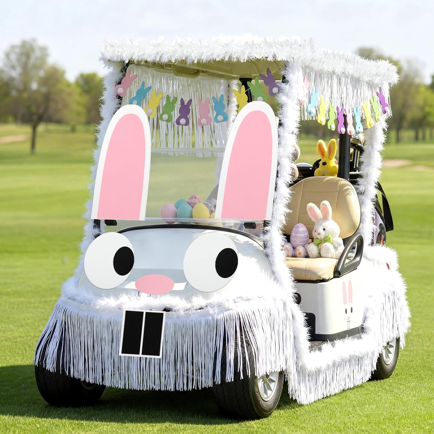 12 Pcs Easter Bunny Golf Cart Decoration Kit 1 Set Giant Felt Rabbit Model 3 Silver Thread Felt Strip 2 Curved Rain Curtain 2 White Felts Strip 2 Easter Bunny Banners for Golf Cart Accessories