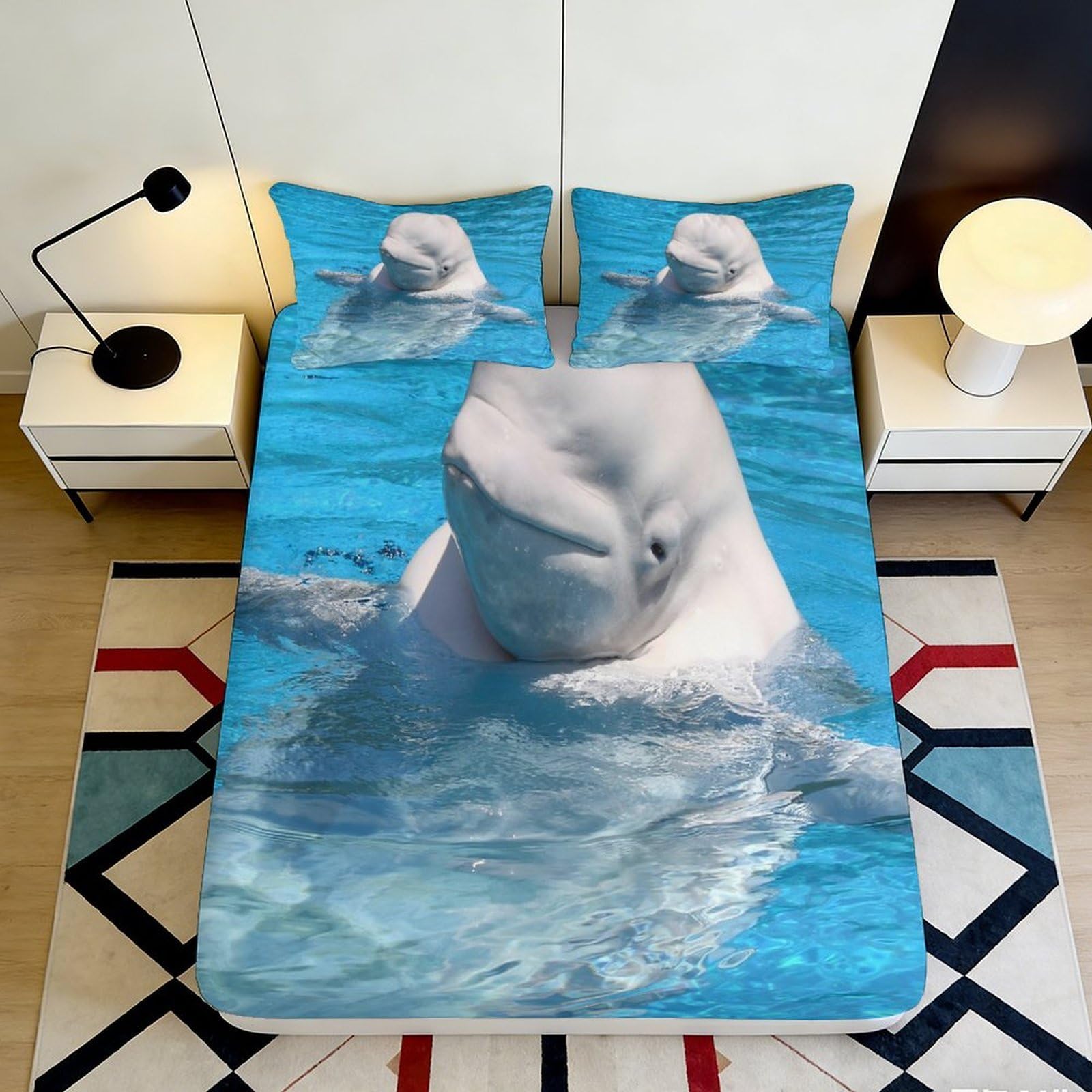 Decorative Beluga Whale Fitted Sheet 3D Printed Microfiber soft touch, wrinkle resistant for bedroom guest room bedding 90x200x25cm