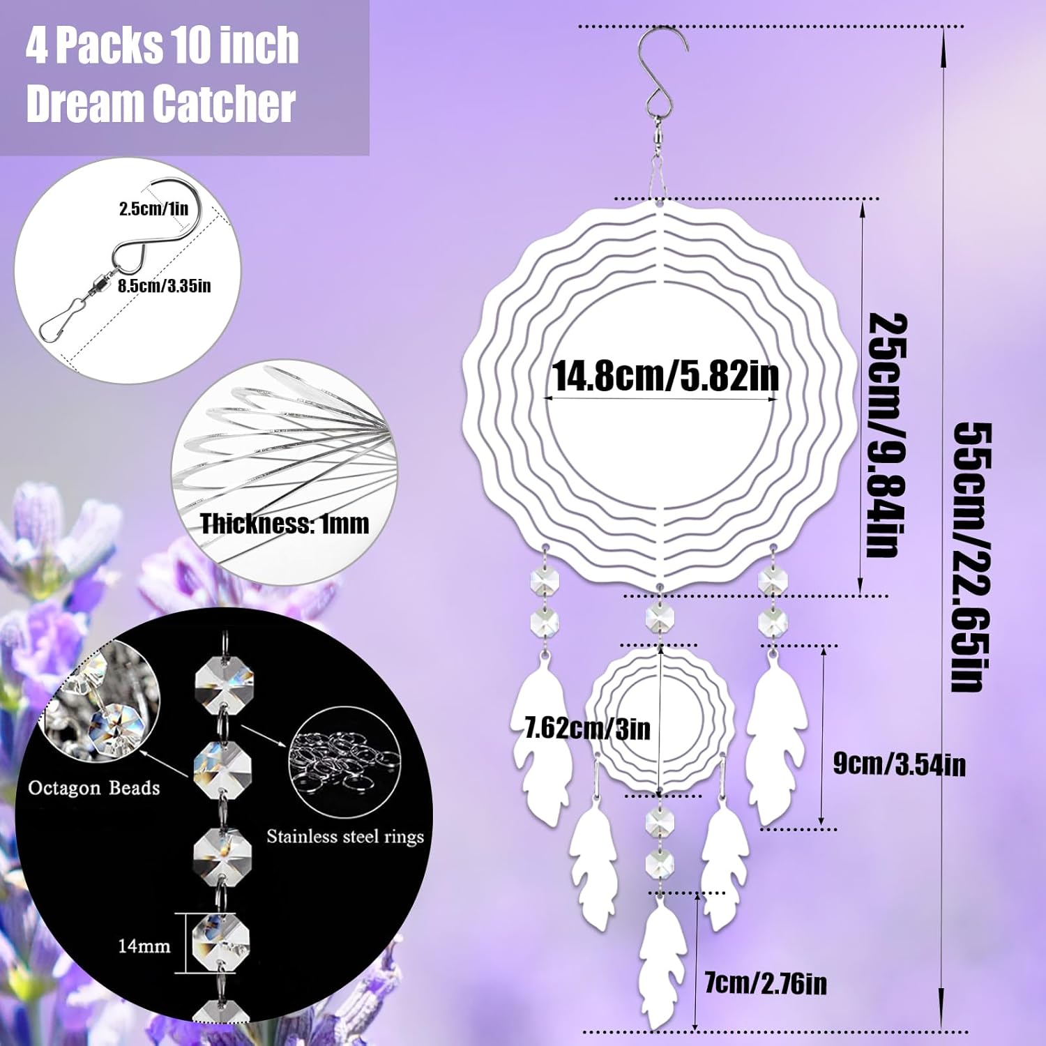 4Pack 10inch Sublimation Wind Spinner Blanks 3D Aluminum Metal Wind Sculpture Kinetic Spinners for Yard and Garden Indoor Art Ornaments Hanging Decoration (Dream Catcher)
