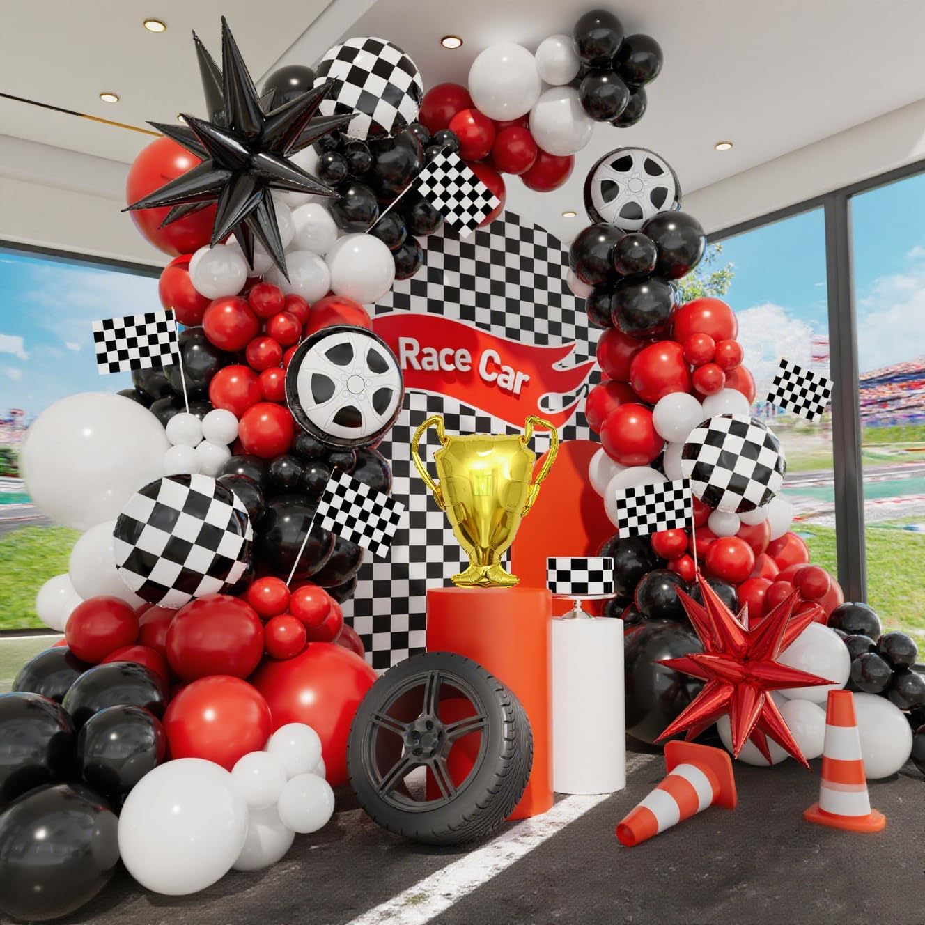 Race Car Balloons Arch Kit, Racecar Cars Birthday Decorations, Red Black White Flag Tire Checkered Balloon Arch Kit, Cars Themed Birthday Party Decorations Supplies - Image 6
