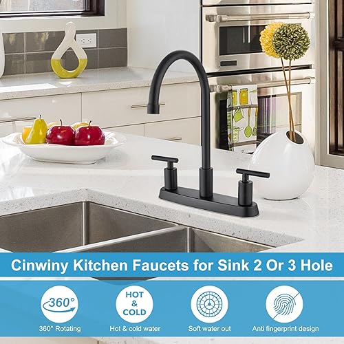 Miniatura 7 de Grifos de cocina para fregadero de 3 agujeros, arco alto con boquilla giratoria de 360, grifo de fregadero de cocina de 2 manijas de 8 pulgadas con