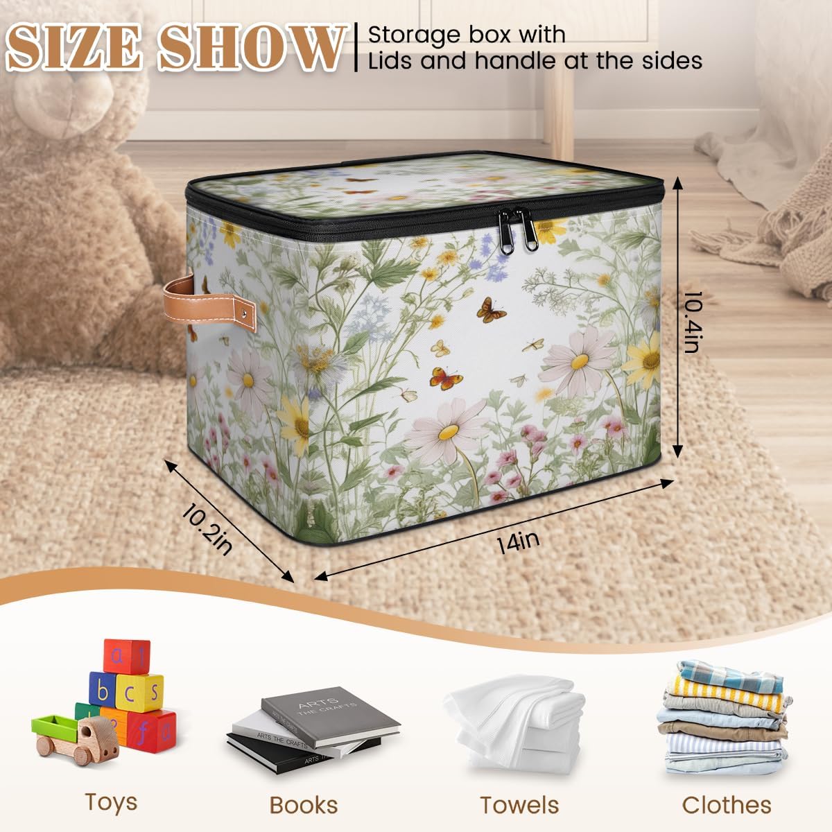 Storage Bin Set of 2 Daisy Floral Butterfly Storage Basket with Zipper Lid & Handle Foldable Closet Shelf 2 Pack Cloth Organizer Basket Cube Bins for Bedroom, Nursery