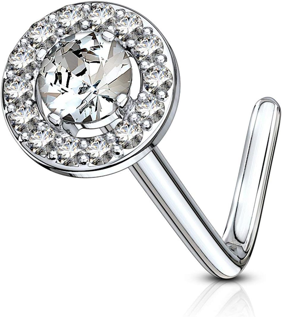 Forbidden Body Jewelry 20g Surgical Steel Fancy Double Tired Big 6mm CZ Halo L Shaped Nose Ring