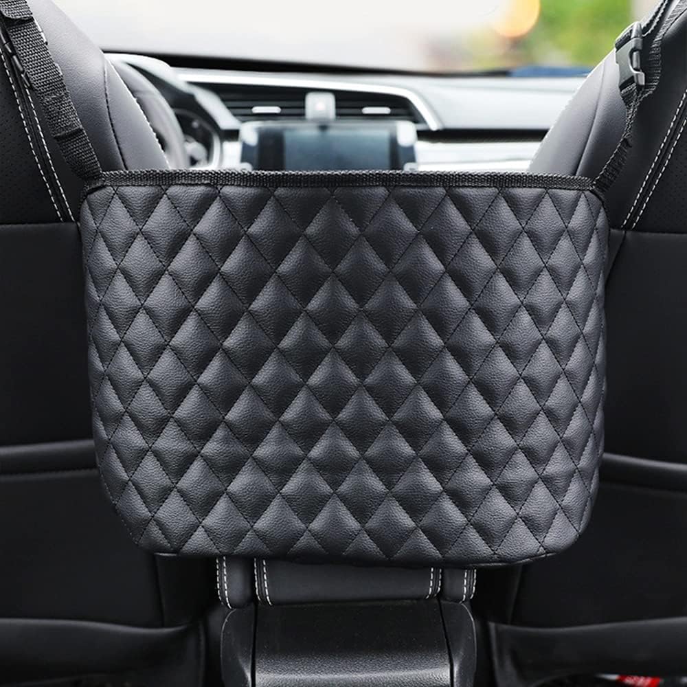 Woniyal 1PC Car Seat Net Organiser for Lada Vesta Limousine AB Bj. 2017 Front Seat Storage Pouch with Diamond Lattice PU Leather Hanging Handbag Holder Black