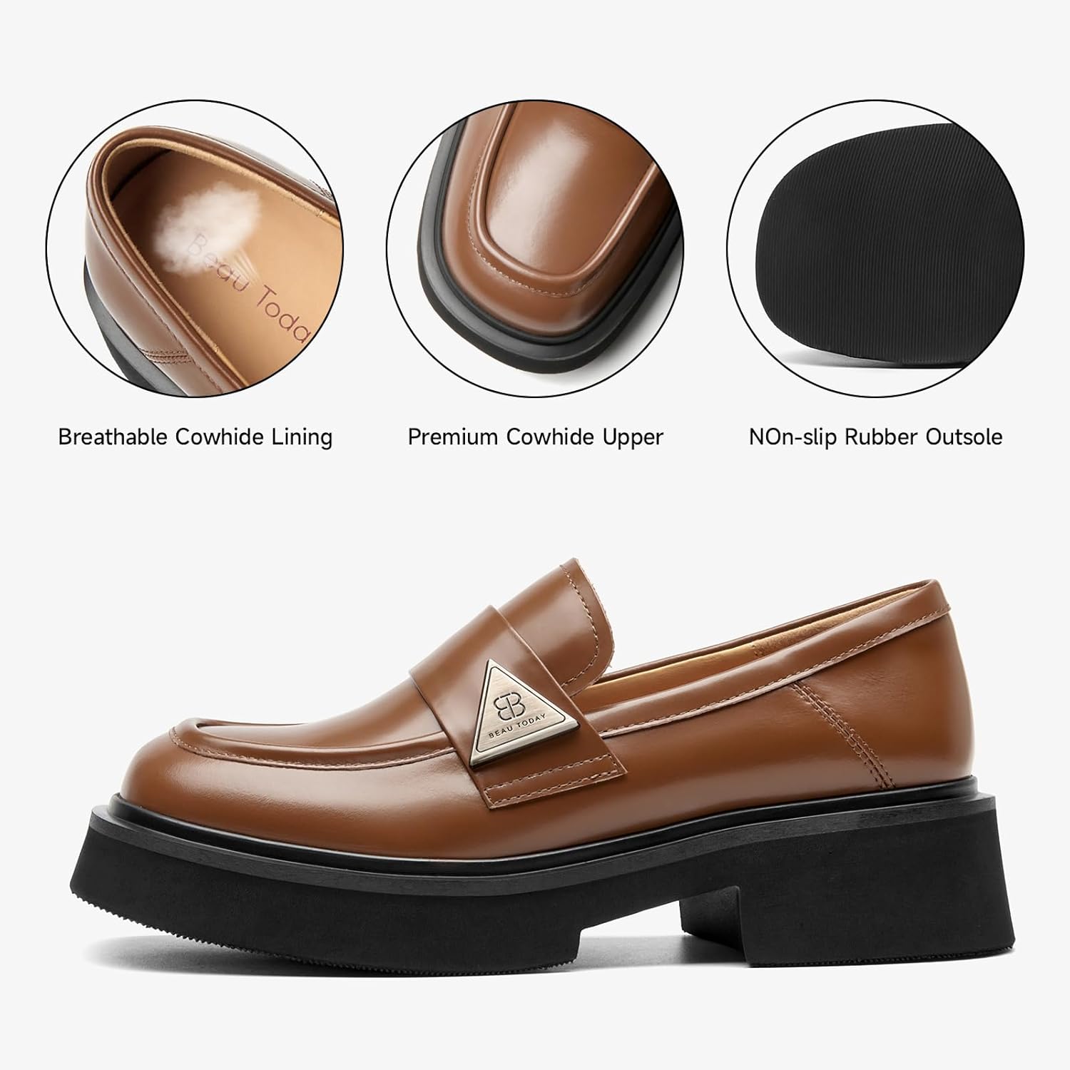 BEAU TODAY Womens Chunky Loafers, Comfortable Slip-on Genuine Leather Business Casual Chunky Heel Round Toe Dress Shoes Brown US 8.5 - Image 4