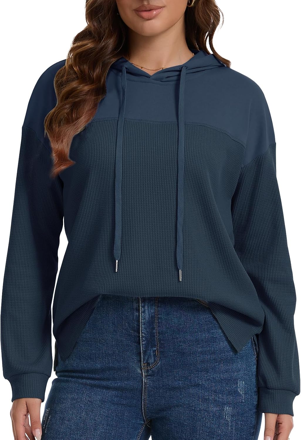 Womens Waffle Knit Hoodie Long Sleeve Pullover Sweatshirt Oversized Tshirts
