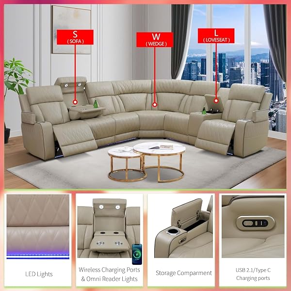 AYCP Furniture Power Recliner Sofa Sectional Sofa with LED Light for Living Room, Air Leather Reclining Corner Sectional