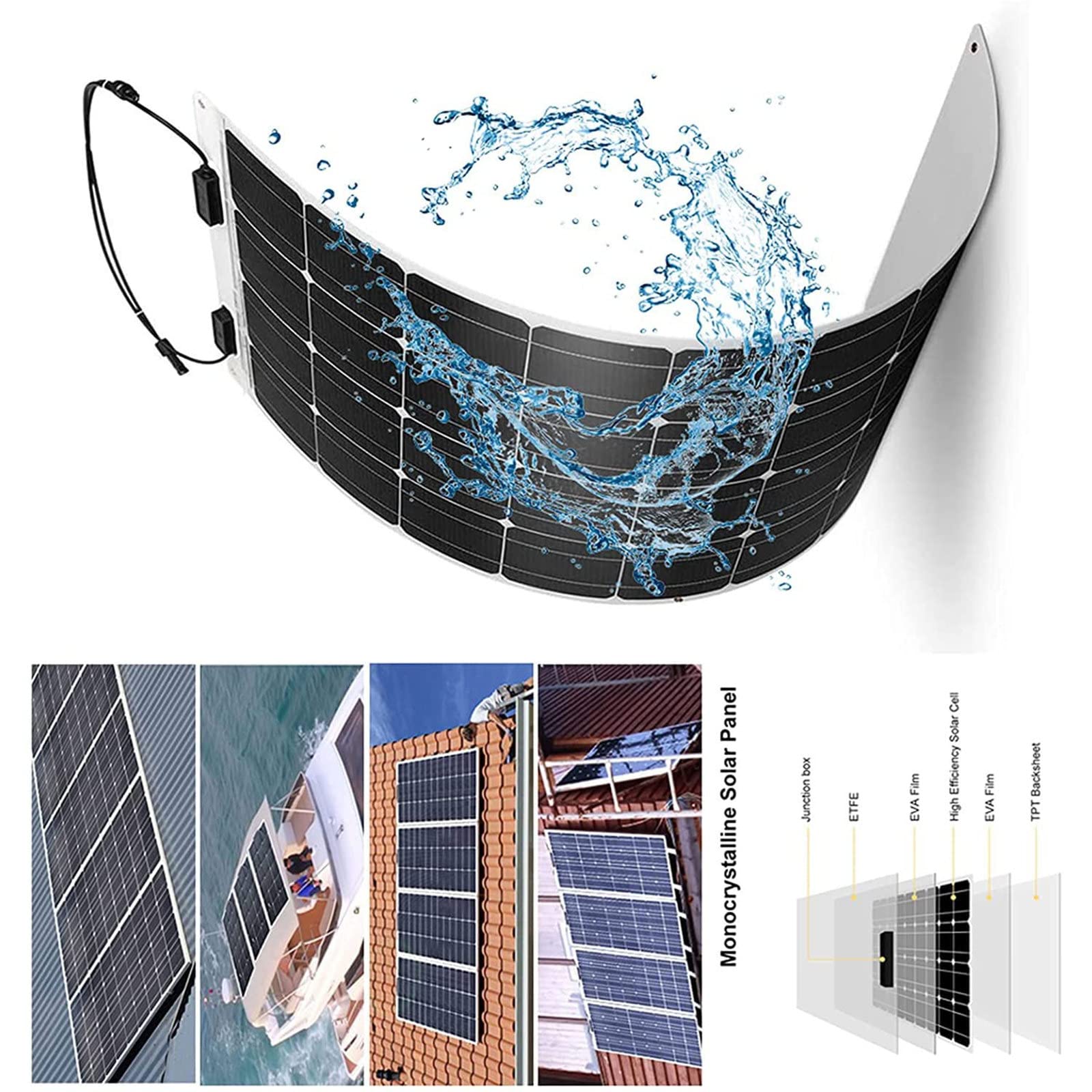 WZFANJIJ 50W Panel Solar 50W16V Módulo fotovoltaico monocristalino para Carga de batería de Barco RV Camper,100W(2pcs*50W)