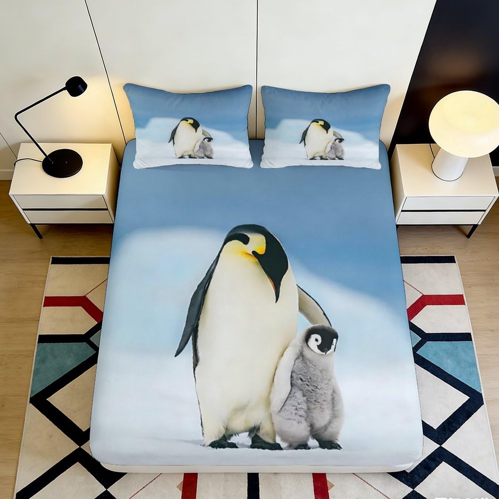 Zfldkwgb Style-6 3D Printed Emperor Penguin Family Fitted Sheet Microfiber Soft Anti-Slip Bed Cover For Bedroom Dorm Mattress Decor 90X200x25cm