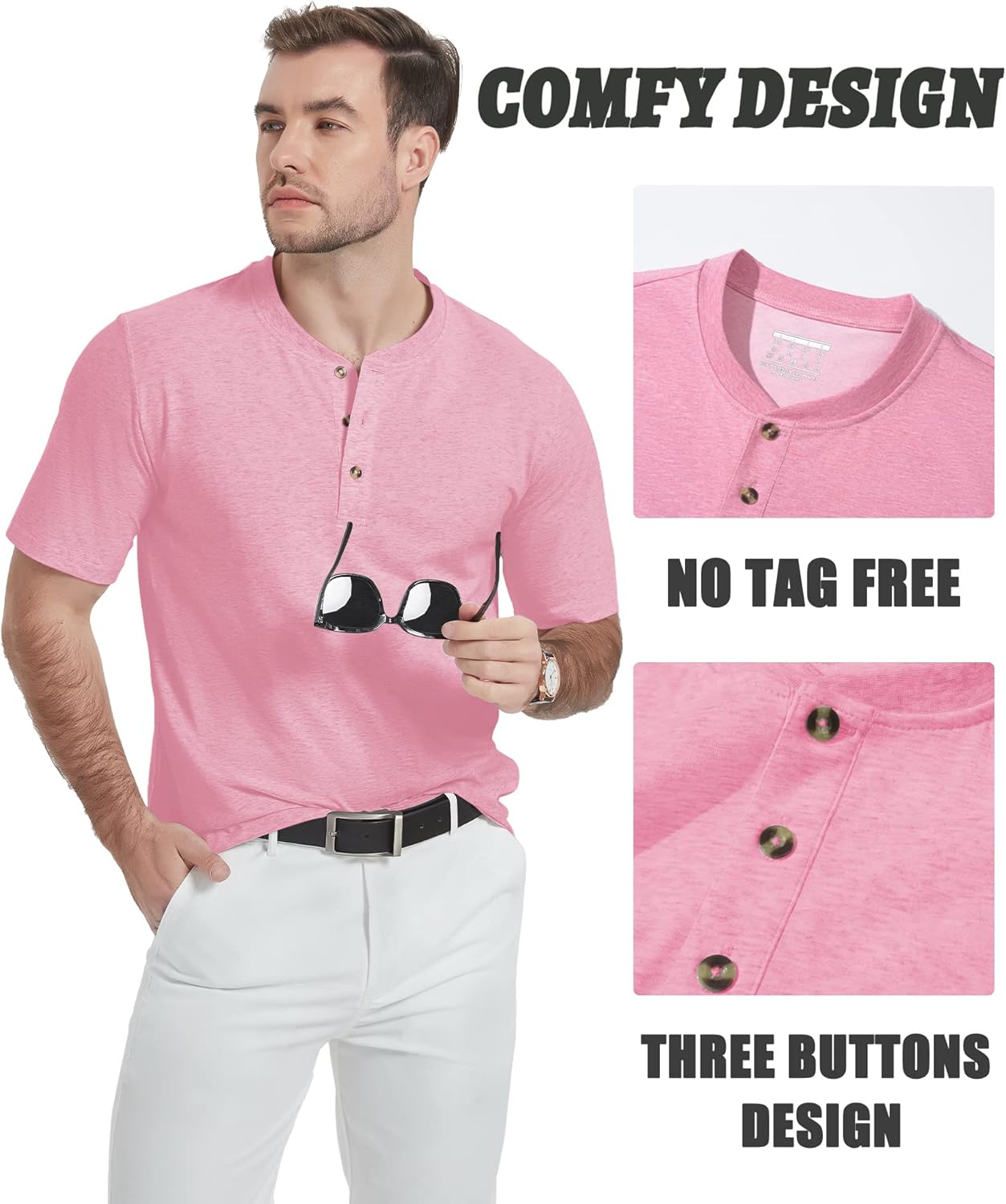 Miniatura 4 de TACVASEN Camisas Henley de algodón para hombre, camisetas casuales de moda de manga corta