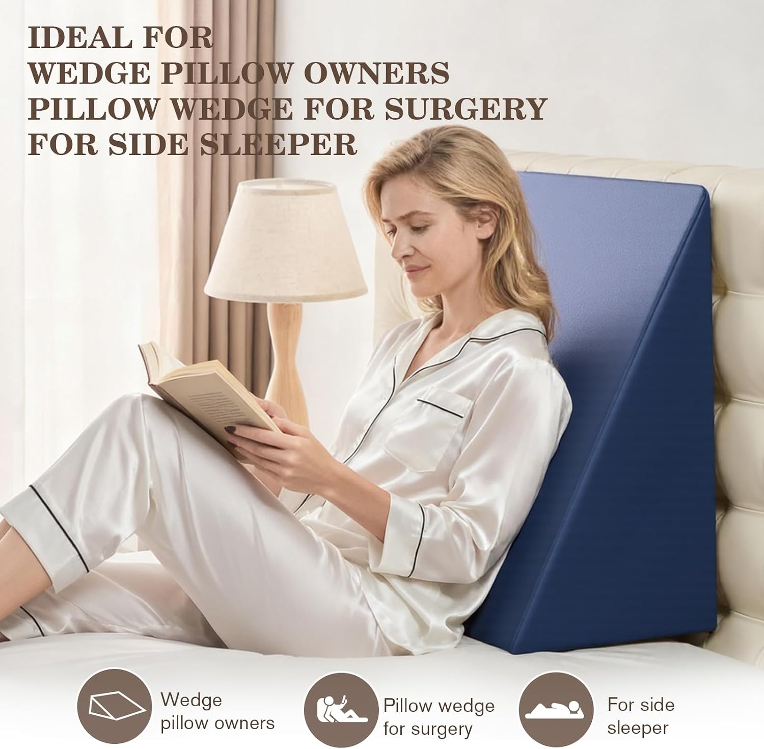 Wedge Pillow Case Cover for Style Protection, Thickened Satin Fabric Soft & Skin-Friendly, Wedge Pillow Cover with Zipper for Easy Install, Machine Washable (Navy Blue, 25"x25"x8")