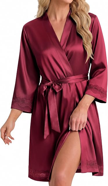 Ekouaer Robes de soie pour femmes Sexy Kimono Lingerie Party de la Demoiselle d'honneur 3/4 Dentelle Peignoir