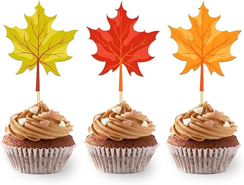 24 piezas de decoración de cupcakes de hoja de arce para decoraciones temáticas de otoño, palillos de cupcakes de hojas de otoño para decoraciones