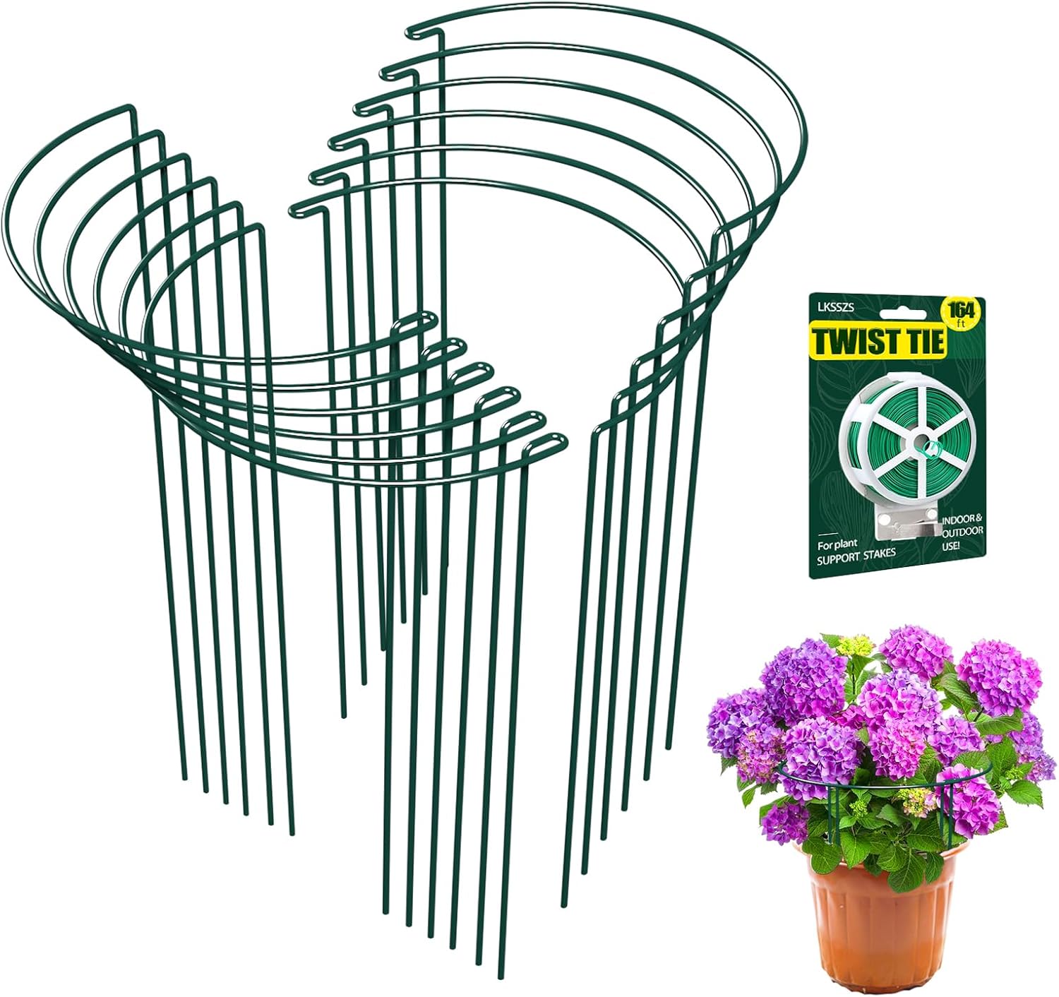 10 Pack 30 Inch Plant Support Stakes, Heavy-Duty Half Round Peony Support Ring Cage, Metal Garden Plant Stakes for Outdoor Plants - Peony, Tomato, Hydrangea with Cuttable Plant Ties
