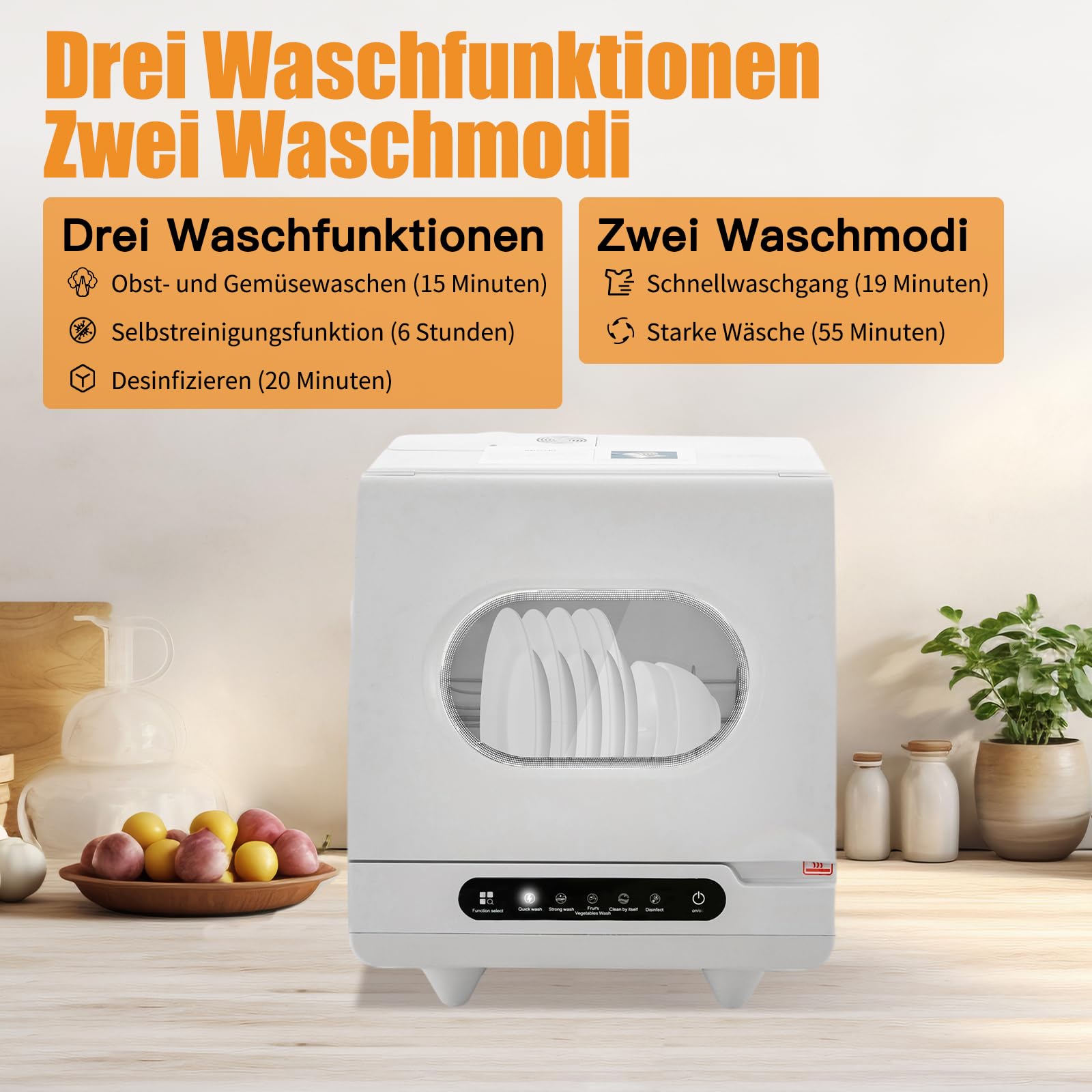 Mini Geschirrspüler - 800W Tischgeschirrspüler mit zwei Spülmodi, Selbstreinigend mit 5L Wasserverbrauch, Leise (55 dB), Kleine Spülmaschine für Wohnheim, Küche, Imbiss (Weiß)