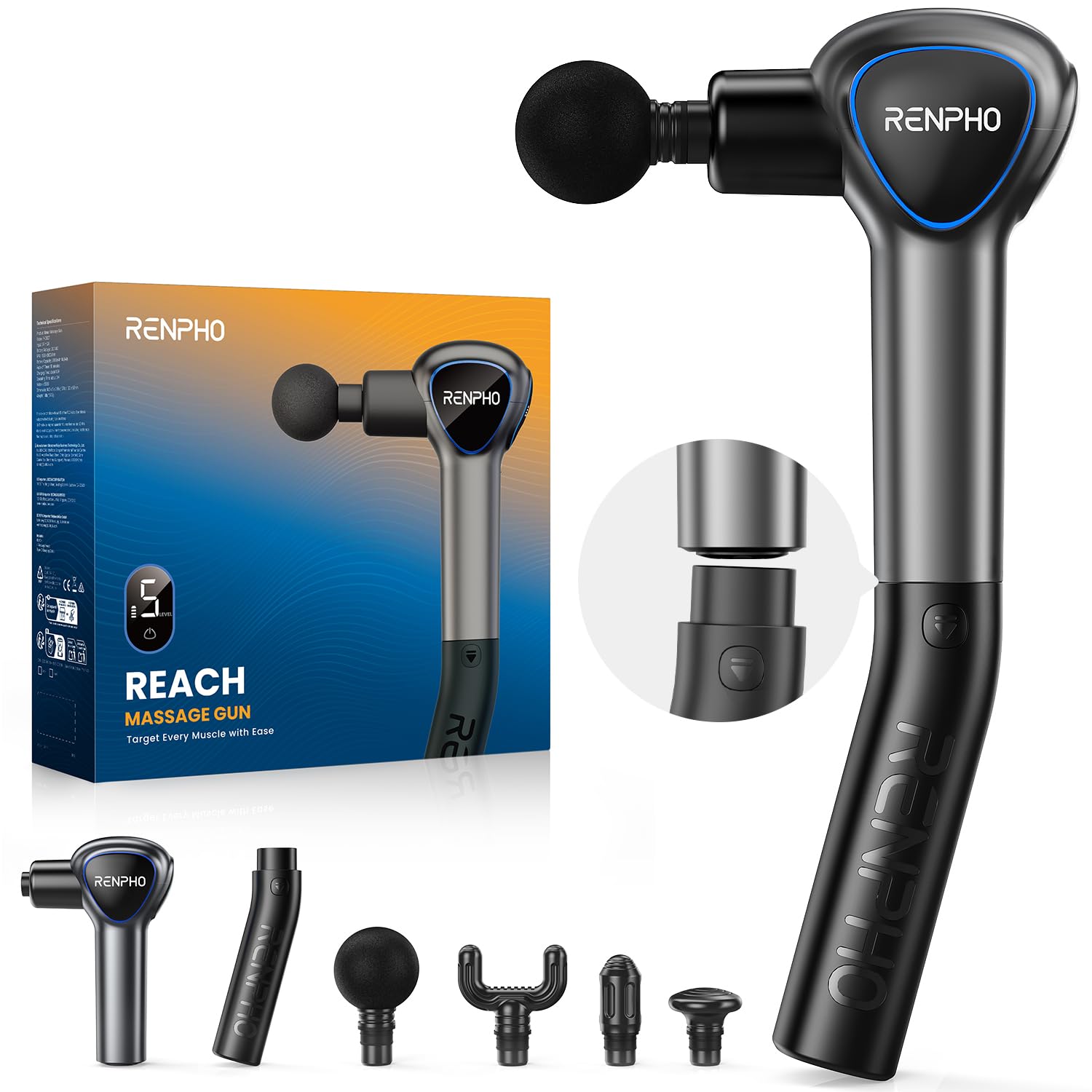 RENPHO Reach Handle Massage Gun with 5 Speed 4 Head,Mini Massage Gun with Extension Handle,Gift for Women Men,Muscle Gun Deep Tissue with 3200rpm for Home Workout Full Body Muscle Relax,Black