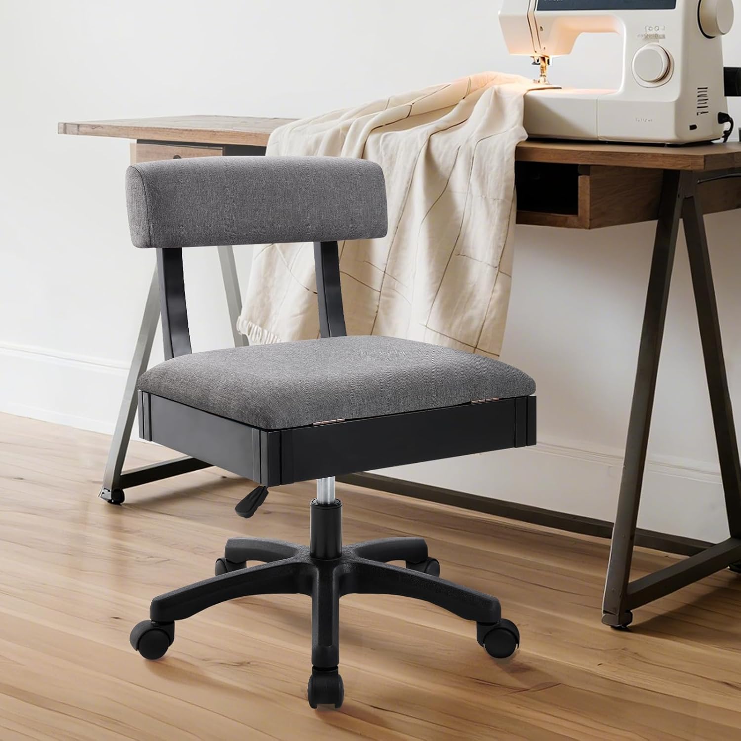 Lessmore Adjustable Height Sewing and Crafting Chair with Wheels, Back Support, and Under Seat Storage - Perfect for Your Craft Room Furniture and Craft Machines (Grey)